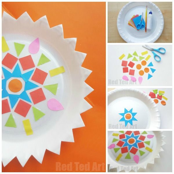 the paper plate is decorated with colorful geometric designs