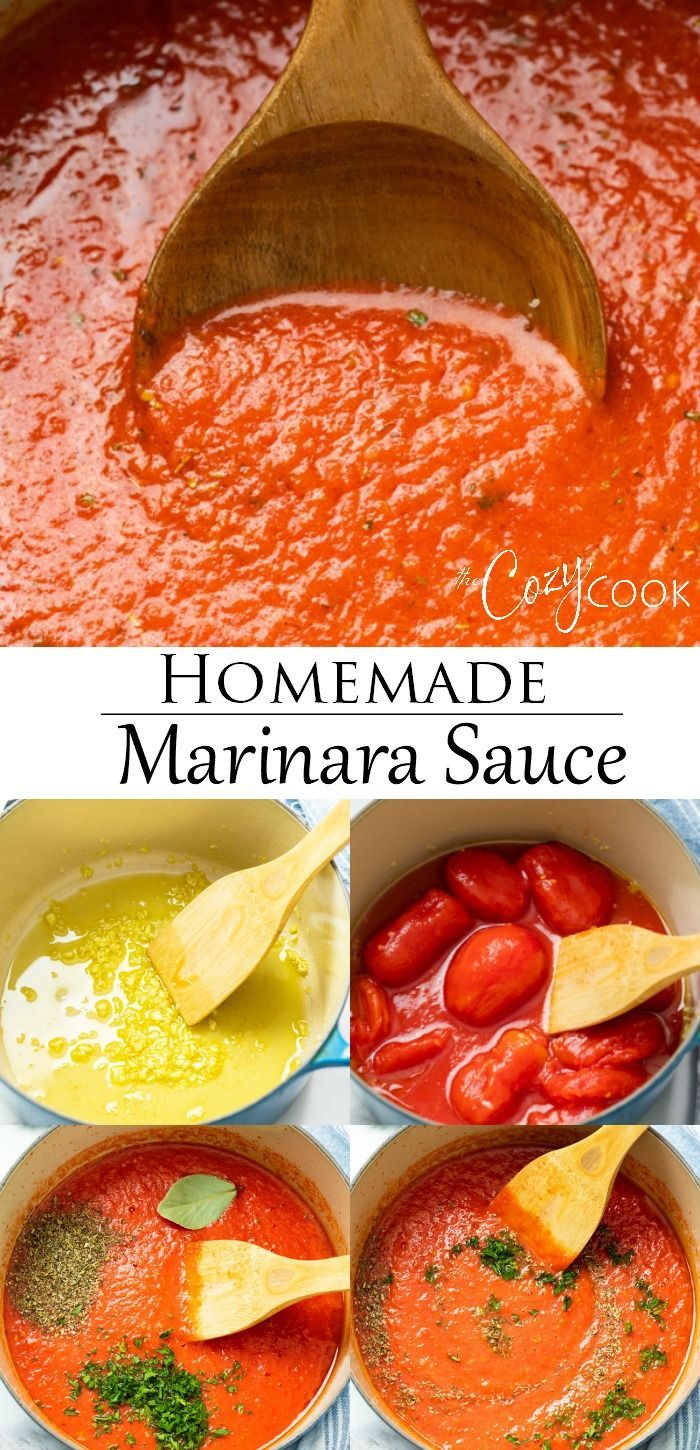 homemade marinara sauce in bowls with wooden spoons