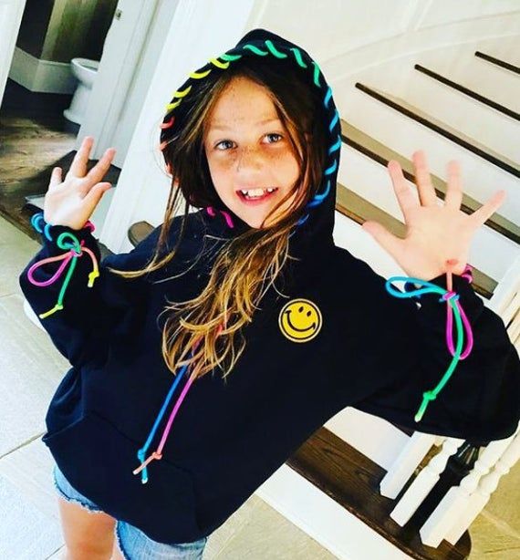 Girls or adults black sweatshirt with rainbow tie on hood and arm detail 50% cotton 50% poly Playful Black Hooded Hoodie, Trendy Black Sweatshirt With Drawstring, Fun Black Hoodie For Winter, Black Long Sleeve Fun Hoodie, Heart Patches, Rainbow Tie, Black Sweatshirt, Kids Black, Smiley Face