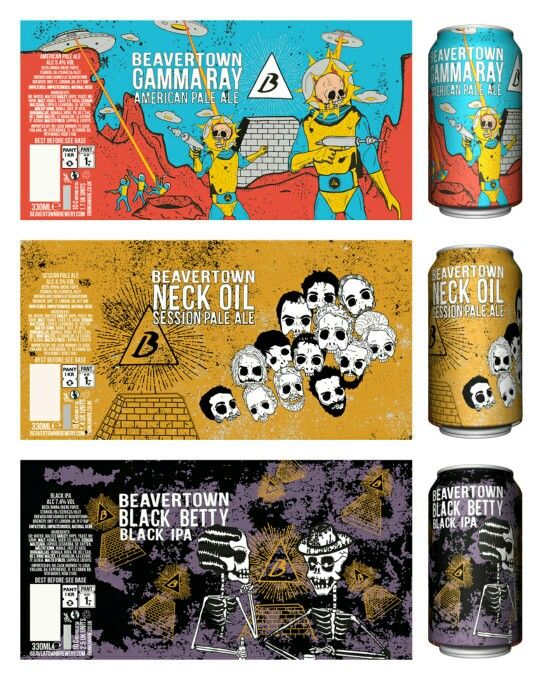 four different types of beer labels with skeletons and skulls on them, all in yellow