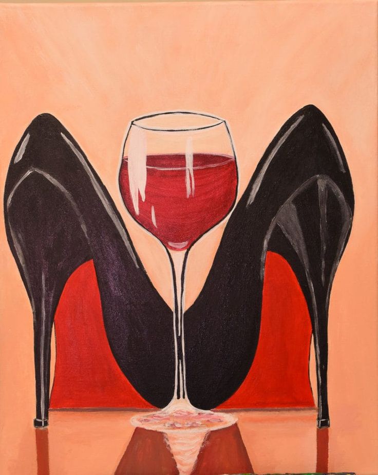 a painting of high heel shoes and a glass of wine on a red tablecloth