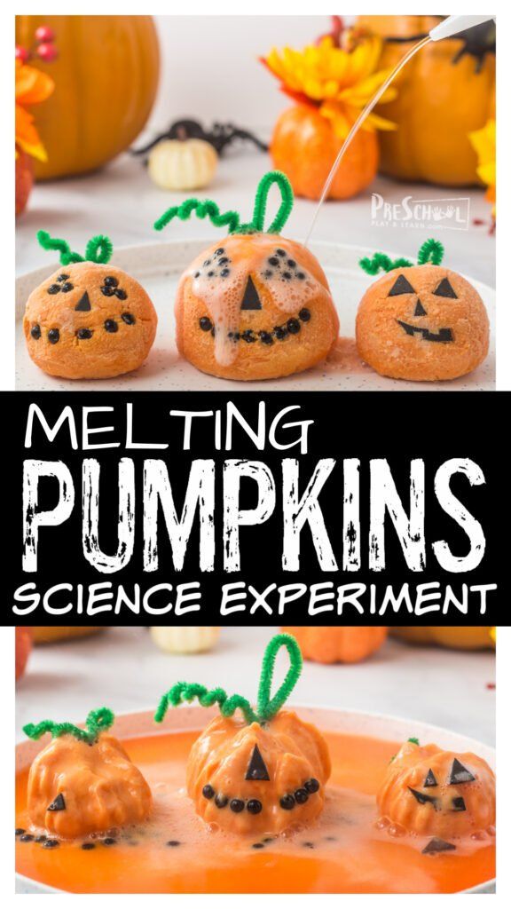 melting pumpkins science experiment for kids with text overlay that reads melting pumpkins science experiment