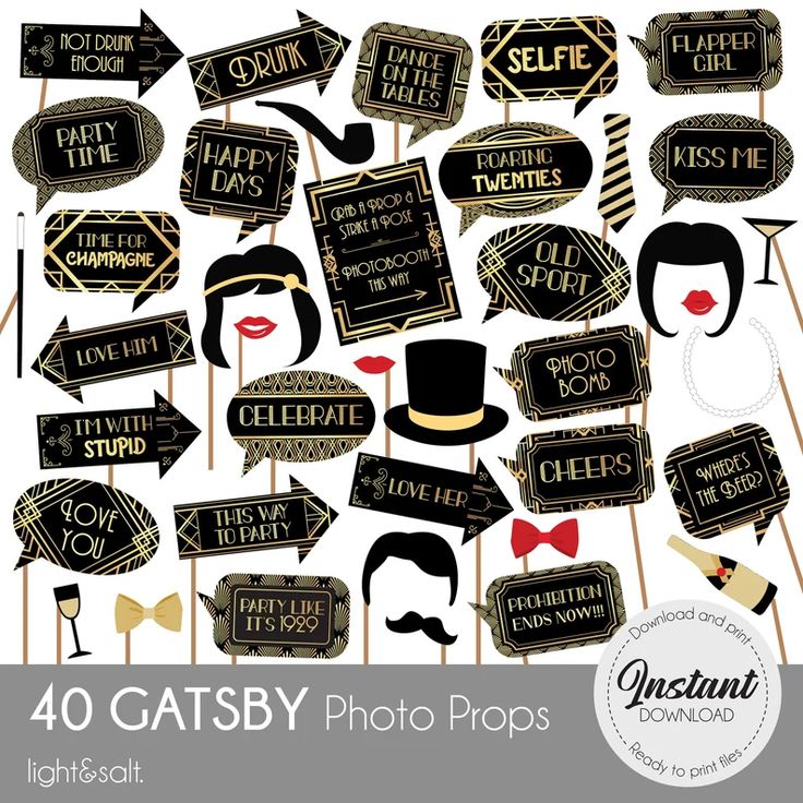 black and gold photo booth props with the words 40 gatsby photoshops