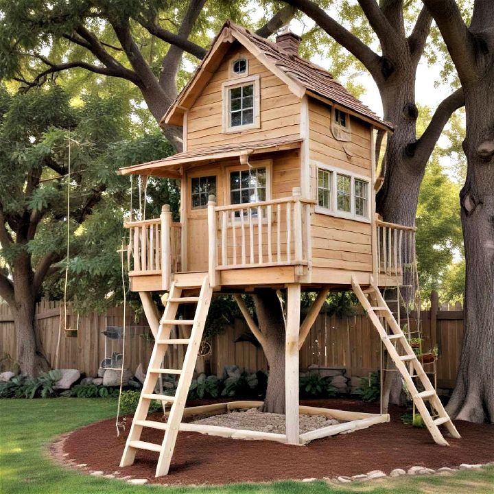 a tree house with a swing set in the yard