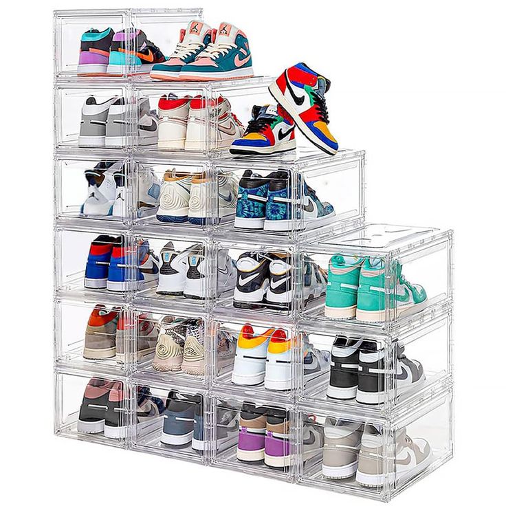 a clear shoe rack with several pairs of shoes on top and bottom shelves in the middle