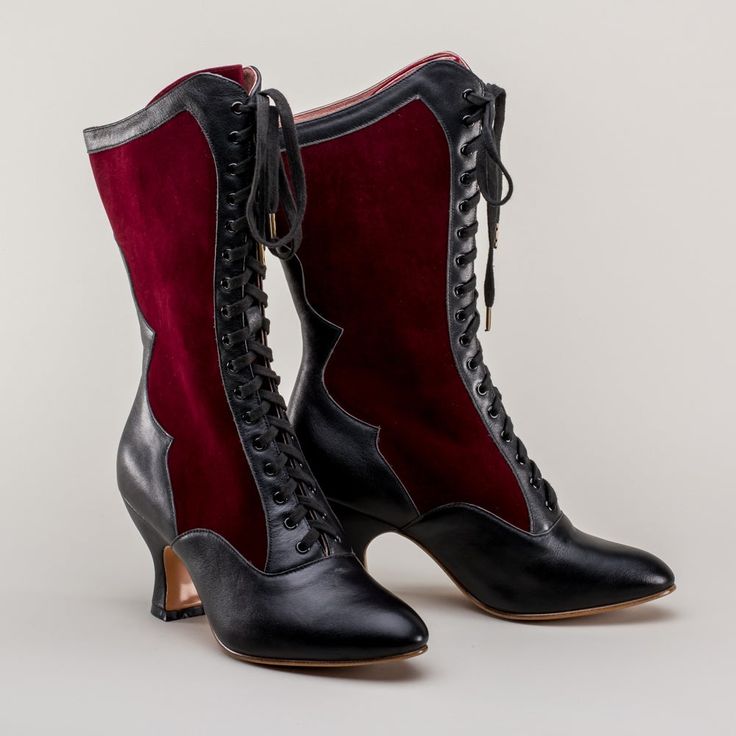 American Duchess: Camille Women's Edwardian Boots (Burgundy/Black) Camille Clifford, Edwardian Boots, Gothic Western, Ridding Boots, American Duchess, Granny Boots, Victorian Boots, Goth Shoes, Burlesque Costumes