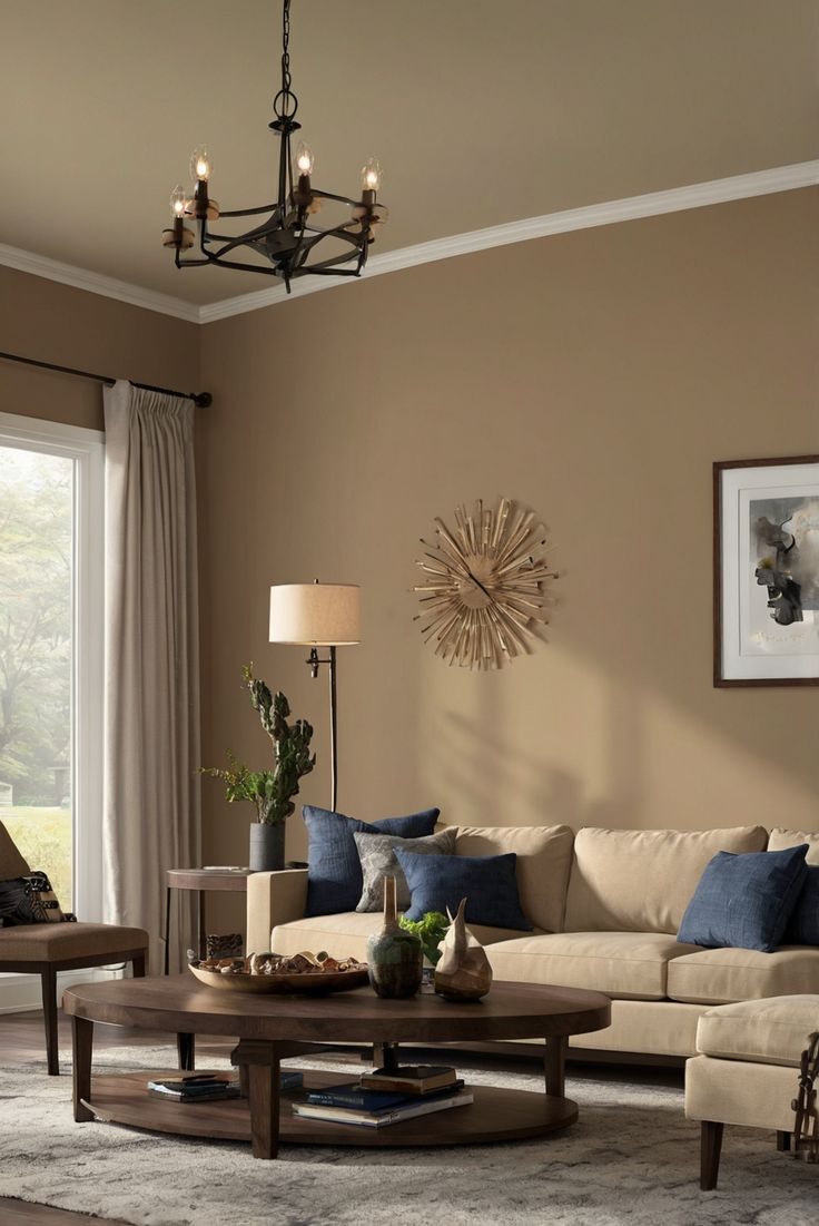 a living room filled with furniture and a chandelier hanging from the ceiling in front of a window