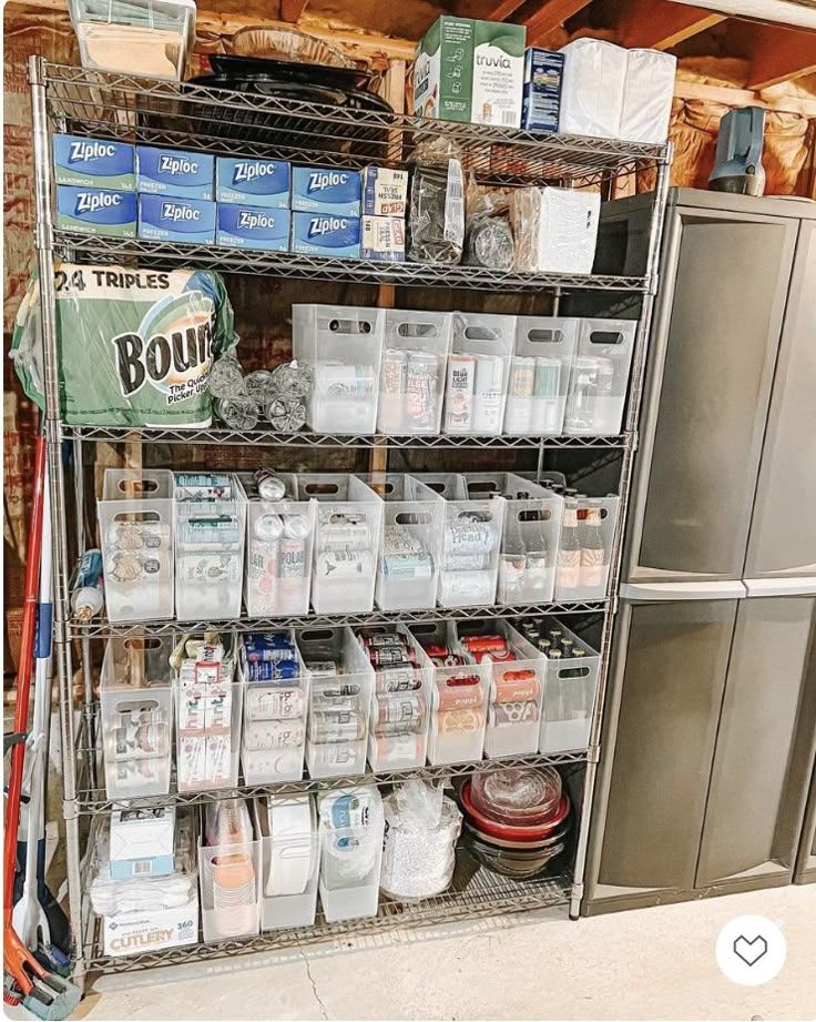 the shelves are filled with various items and containers for sale in front of an open refrigerator