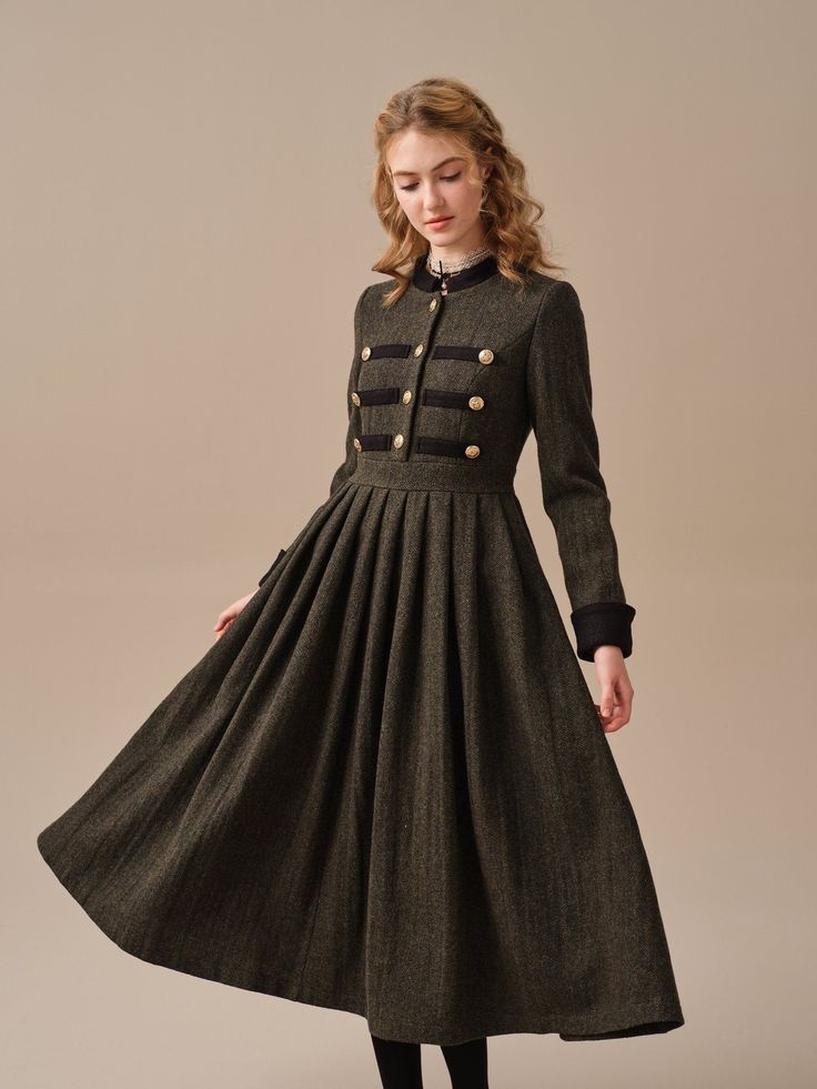 Elegant Fitted Midi Dress For Winter, Elegant Long Sleeve Tweed Dress With Buttons, Knee-length Winter Cocktail Dress, Fitted A-line Vintage Dress For Winter, Knee-length Cocktail Dresses For Winter, Classic Evening Dresses For Winter, Chic Vintage Evening Dress For Fall, Winter Evening Midi Dress, Knee-length, Classic Evening Midi Dress For Winter