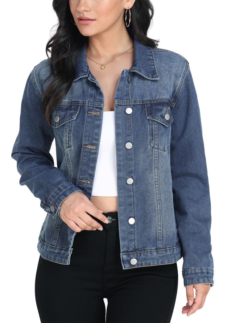 PRICES MAY VARY. A year-round favorite that styles up any outfit with casual cool. This womens jean jacket has a classic fit and offers give where you need it while still providing a classic straight fit. This denim jacket features collared neckline design, button down closure, two flap chest pockets and side pockets, single breasted jacket. Casual jean jacket for women. Gets better over time from natural wear with fading, stains and holes. You can pair this trucker denim jacket with high waist Women’s Denim Jacket, How To Style A Jean Jacket, Jeans Jackets For Women, Blue Denim Jacket Outfit, Denim Jacket Outfit Women, Fall Denim Jacket, Jean Jackets For Women, Jacket Outfit Women, Demin Jacket