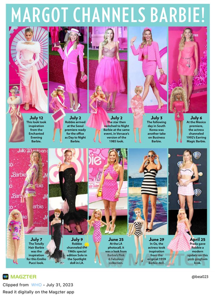 many different pictures of barbie dolls in pink and black outfits with the names margot chanels barbie