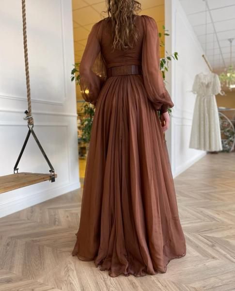 Fairy Prom Dress, Teuta Matoshi, Dama Dresses, Kaftan Designs, Draped Bodice, A Line Prom Dresses, Brown Silk, Ball Gowns Prom, Long Sleeve Wedding