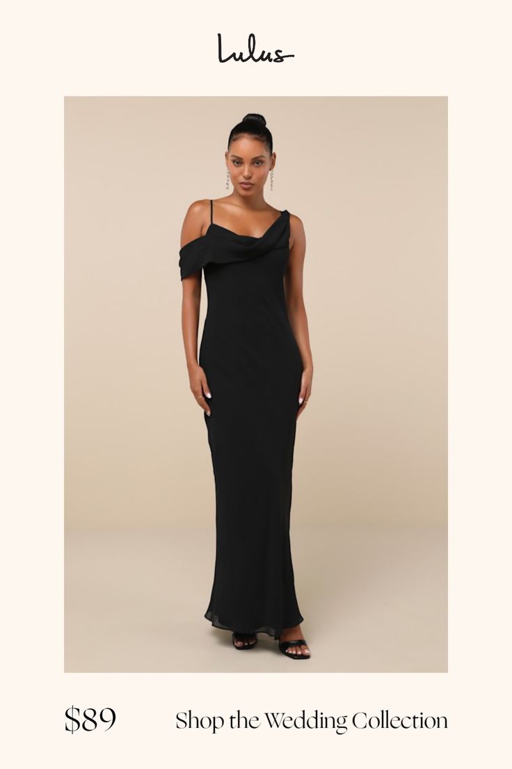 A sensational pair of heels and the Lulus Exemplary Impression Black Asymmetrical Cowl Maxi Dress will ensure you are the best-dressed guest! Airy woven chiffon shapes this stunning dress that features adjustable spaghetti straps, one of which carries into a draping cowl neckline and an off-the-shoulder strap, creating a unique asymmetrical design. The figure-flattering, slip-style silhouette continues down to a sweeping maxi hem. Fit: This garment fits true to size. Length: Floor length. Size m Fall Formal Dresses, Dresses Chiffon, Cowl Neckline, Asymmetrical Design, Chiffon Bridesmaid, Stunning Dresses, Wedding Guest Dress, Floor Length, Nice Dresses