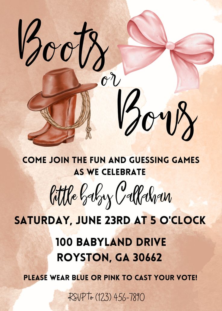 Gender Reveal Invitation Boots Or Bows Invitation, Gender Reveal Western Ideas, Cowboy Cowgirl Gender Reveal Ideas, Western Gender Reveal Invitations, Best Gender Reveal Themes, Gender Reveal Themes Western, Country Style Gender Reveal Ideas, Gender Reveal Ideas For Party Theme Boots Or Bows, Western Gender Reveal Themes