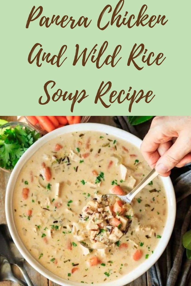 chicken and wild rice soup recipe in a white bowl with a spoon on the side