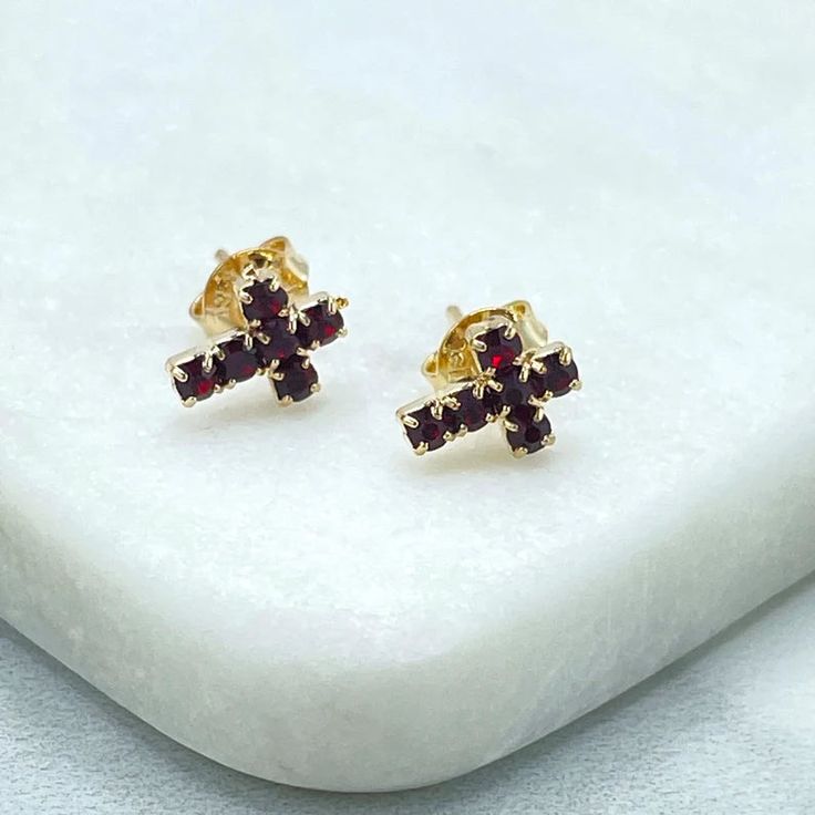 18k Gold Filled Petite Cubic Zirconia Cross Stud Earrings in White, Red, Green or Black, Wholesale Jewelry Making SuppliesEarring Size: -Length: 9mm / Width: 6mm Cross Earrings Studs, Wholesale Jewelry, Jewelry Making Supplies, Red Green, Cubic Zirconia, Gold Filled, 18k Gold, Black And Red, Stud Earrings