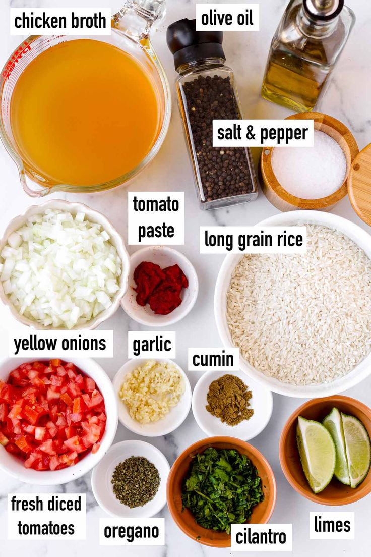 the ingredients to make mexican rice are shown in bowls