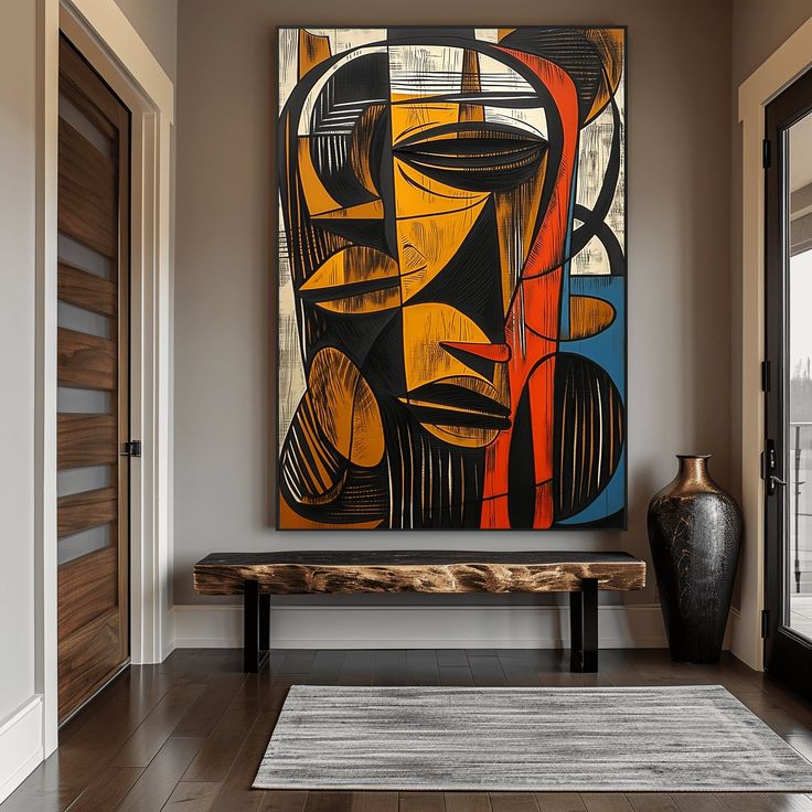 an abstract painting hangs on the wall above a wooden bench in front of a doorway