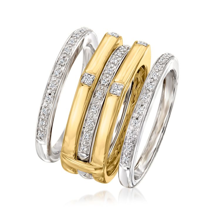 Ross-Simons - .15ct t. w. Diamond Jewelry Set: Four Stackable Rings, 18kt Gold Over Sterling. Size 5. An RS exclusive. Sparkling with .15 ct. t. w. round diamonds, this stackable ring set features three sterling silver bands and an 18kt yellow gold over sterling ring guard, designed to fit a band in the center. Enjoy a variety of style options with this fabulous set! 7/16" wide. Diamond ring set. Diamond birthstones are the perfect gift for April birthdays. Silver Bands, Diamond Jewelry Set, Stackable Ring Sets, Ring Guard, Diamond Ring Set, Diamond Birthstone, Diamond Ring Settings, Stackable Ring, Sterling Silver Bands