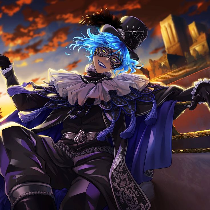 an anime character with blue hair sitting on a ledge