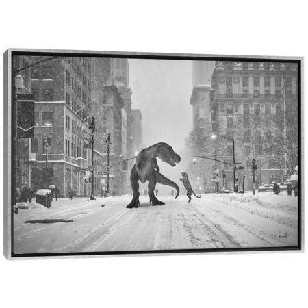 a large dinosaur walking across a snow covered street