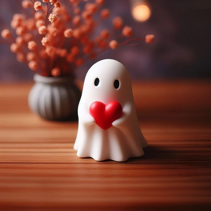 a small white ghost with a red heart in its mouth sitting next to a vase filled with flowers