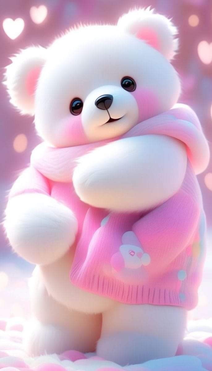 a white teddy bear wearing a pink sweater with hearts in the background and holding it's arms