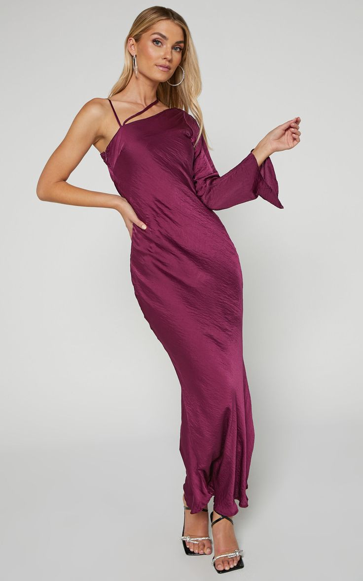 Khacy Midi Dress - One Shoulder Halter Dress in Plum Purple Spaghetti Strap Maxi Dress For Party, Purple One-shoulder Evening Dress, Purple One-shoulder Cocktail Dress, Purple Off-shoulder Midi Dress For Evening, One-shoulder Midi Dress For Prom, One-shoulder Midi Dress For Prom Season, Purple Spaghetti Strap Maxi Dress For Night Out, One Shoulder Purple Evening Dress, One-shoulder Purple Party Dress