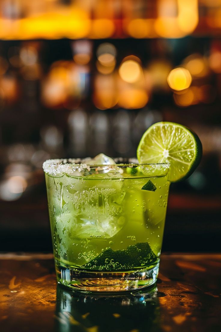 a green drink with lime and ice in a glass on a bar top, ready to be served