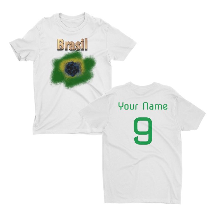 - Custom Brasil Soccer T Shirt: This soccer tshirt features a Brazilian graphic on the front with the bandeira do Brasil, and you can also customize the back with your own name and number! It is perfect for any Brazil fan for either watching your favorite team or playing in a tournament with your team. - Comfortable Combed Cotton Material: Our Brazil shirts are made with combed cotton, giving you a comfortable feel and fit. They also feature side seams, which provide a structured fit and are per Crew Neck T-shirt With Name Print For Fans, White Sports Fan T-shirt With Custom Print, Sports Fan T-shirt With Sublimation Print, Band Merch T-shirt With Team Name And Crew Neck, Fan Merchandise Sublimation Print Short Sleeve Shirt, Sports Fan T-shirt With Custom Print, Sports Fan T-shirt With Sublimation Print And Crew Neck, Band Merch T-shirt For Sports Events With Letter Print, Sports Fan T-shirt With Screen Print, Crew Neck