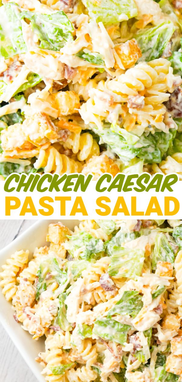 chicken caesar pasta salad with lettuce and cheese in it on a white plate