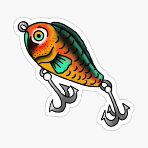 a colorful fish sticker sitting on top of a white surface with an hook in it's mouth