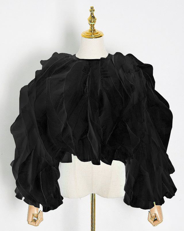 Experience the superior comfort and styling of the Long Sleeve Chiffon Ruffles Blouse. Featuring a luxurious chiffon-polyester fabric blend, decorative ruffled ruche design with lightweight handmade construction. This piece is nothing short of a wardrobe essential. Elevate your aesthetic with this exclusive piece.Size Chart（CM）: Elegant Ruffle Hem Top For Evening, Elegant Evening Top With Ruffle Hem, Elegant Evening Tops With Ruffle Hem, Silk Ruffled Top For Night Out, Chic Voluminous Blouse For Party, Elegant Folded Top For Evening, Fall Party Tops With Ruffles, Elegant Evening Tops With Folds, Fitted Ruffle Hem Blouse For Party