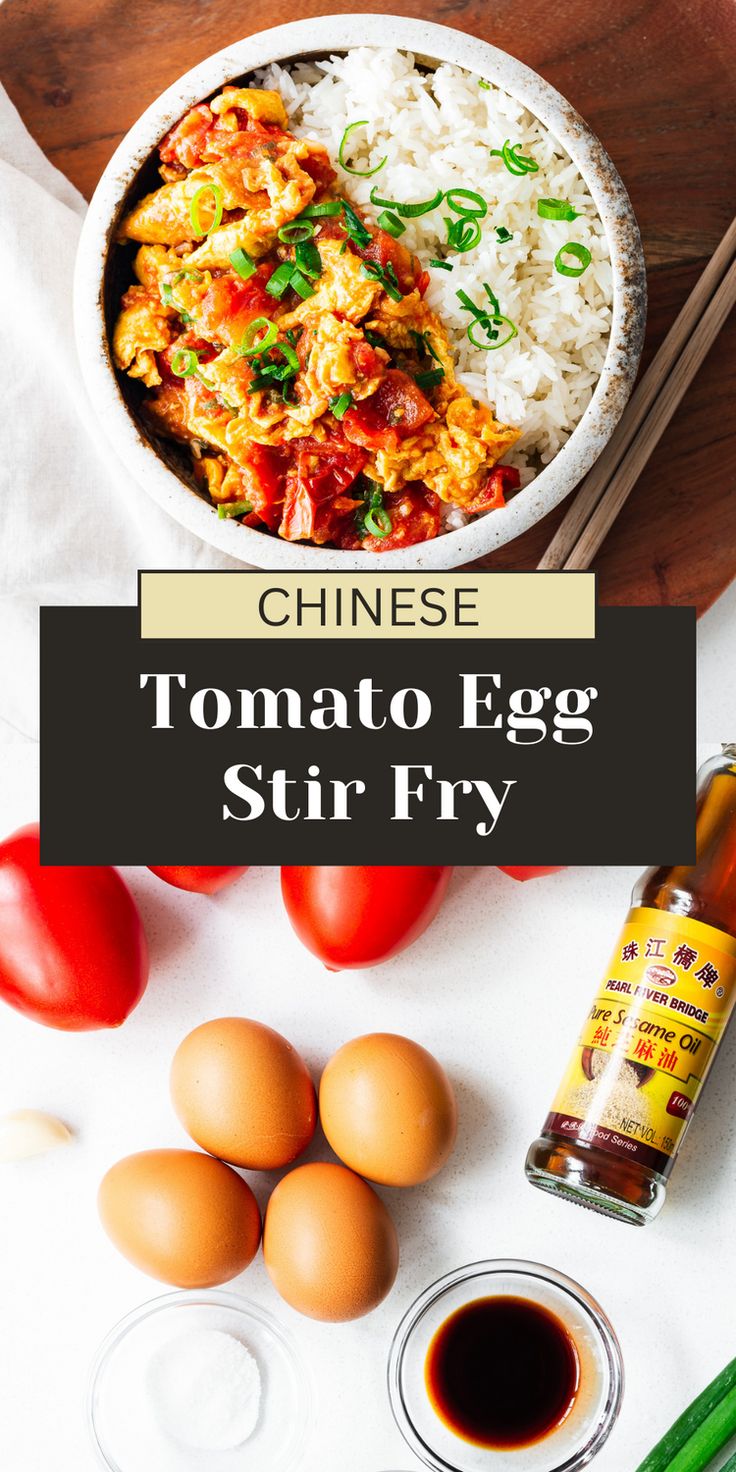 an egg stir fry in a bowl next to eggs, tomatoes and other ingredients on a table