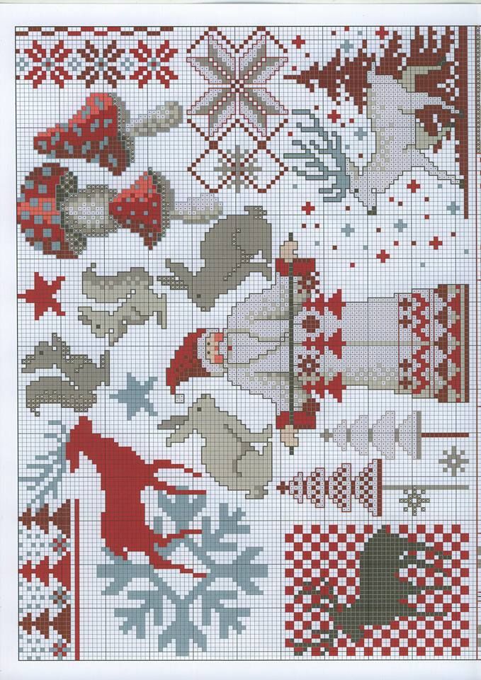 a cross stitch pattern with animals and snowflakes in red, white and blue