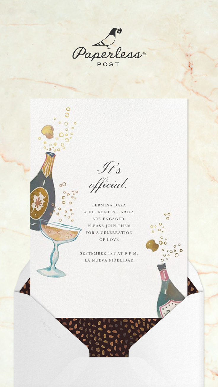 an open envelope with wine and champagne on it, in front of a marble background