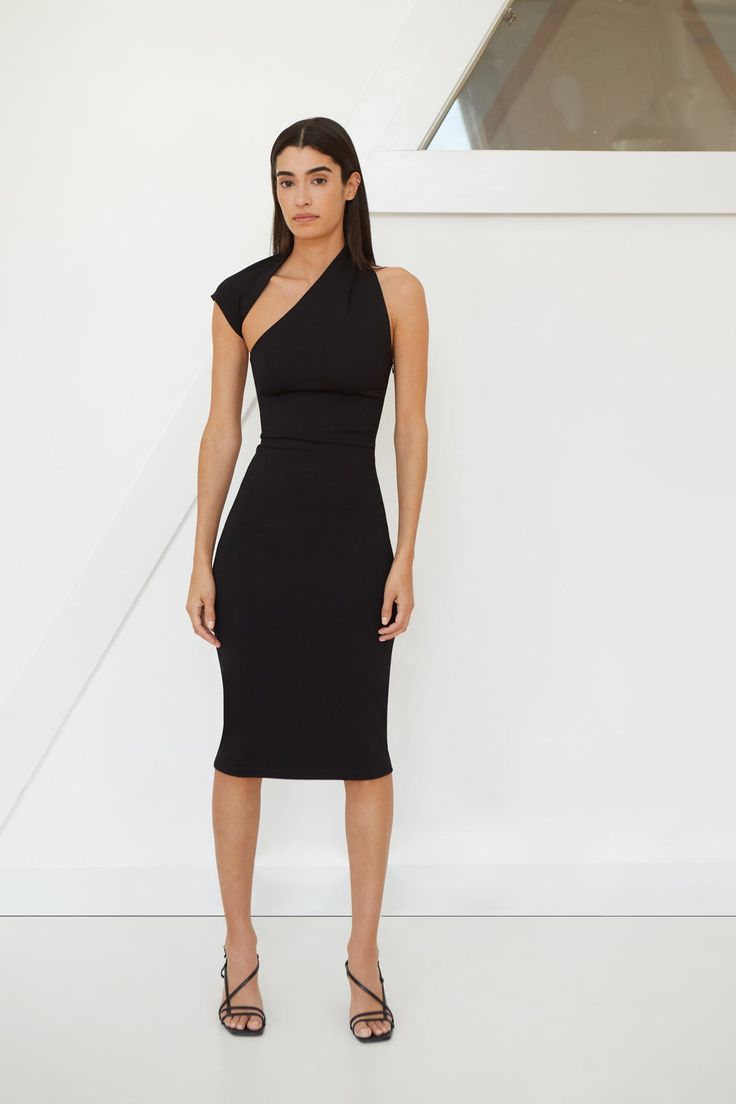 Black One-Shoulder Dress - Manhattan Sleeveless Midi Dress | Marcella Sleeveless Bodycon Dress With Fitted Bodice For Gala, Sleeveless Fitted Evening Dress For Formal Occasions, Sleeveless Fitted Formal Evening Dress, Fitted Sleeveless Evening Dress For Formal Events, Fitted Sleeveless Formal Evening Dress, Sleeveless Bandage Dress For Gala, Fitted One-shoulder Bandage Dress For Spring, Sleeveless Bodycon Sheath Party Dress, Bodycon Sleeveless Sheath Dress For Party