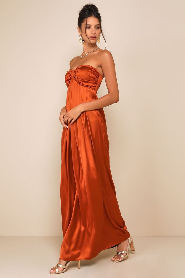 Rust Orange Dress - Strapless Maxi Dress - Maxi Satin Dress - Lulus Burnt Orange Dress Prom, Rust Orange Prom Dresses, Long Dresses Casual Fall, Fall Wedding Guest Dress Orange, Orange Maxi Dress Wedding, Orange Strapless Prom Dress, Light Orange Satin Dress, Red And Orange Bridesmaid Dresses, Sunrise Bridesmaid Dresses