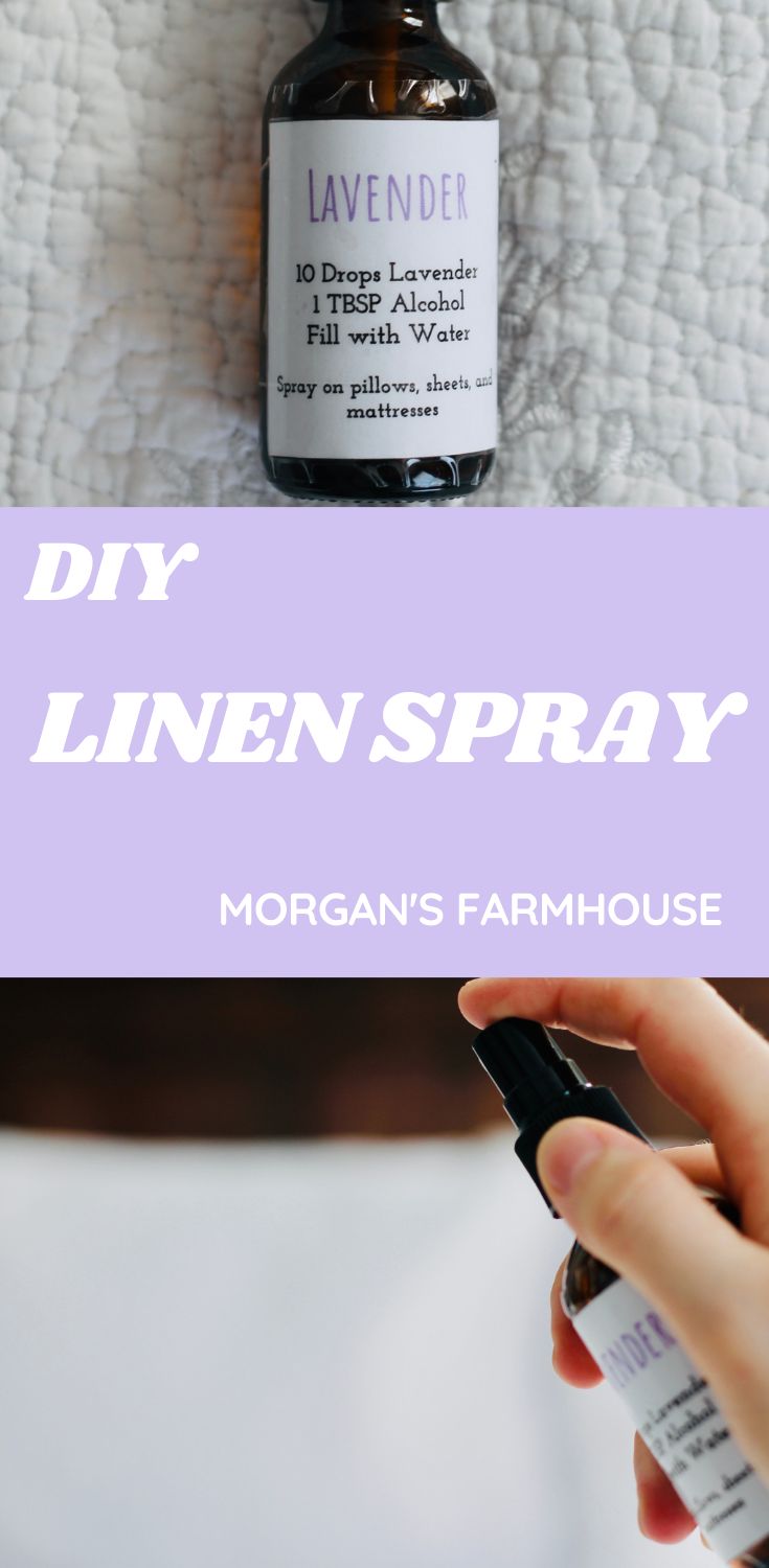 a person holding an essential oil bottle with the words diy linen spray on it