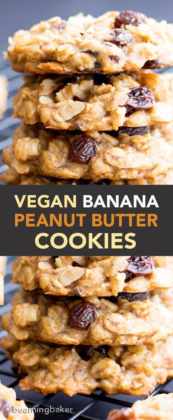 vegan banana peanut butter cookies stacked on top of each other with text overlay