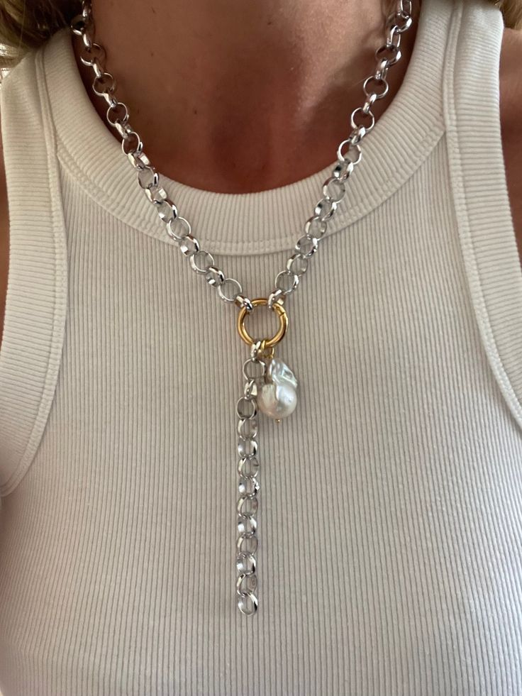 Designed by IJ Design Boutique 🤍🌟 Made in Uk ⭐️ Made of: * Silver plated * Stainless steel * Anti-allergenic * Long lasting * Large réal Baroque pearl pendant * 14k gold plated clasps  Removable pearl and chain charms: then You can wear as simple silver chain or use one of charms - only baroque pearl or chain 🌸 Length customised. -IJ DESIGN BOUTIQUE- From necklaces to earrings, we make jewellery using a wide range of materials. From silver and gold plated to freshwater pearls and real gemston Silver Baroque Pearl Long Necklace, Chic Silver Jewelry With Pearl Chain, Trendy White Chain Necklace With Pearl Pendant, Pearl Chain Link Necklace, Trendy Silver Pearl Chain Necklace, Trendy Pearl Pendant Chain Necklace As Gift, Chic Silver Long Pearl Necklace, Trendy Chain Necklace With Pearl Pendant For Gift, Trendy Silver Jewelry With Pearl Charm