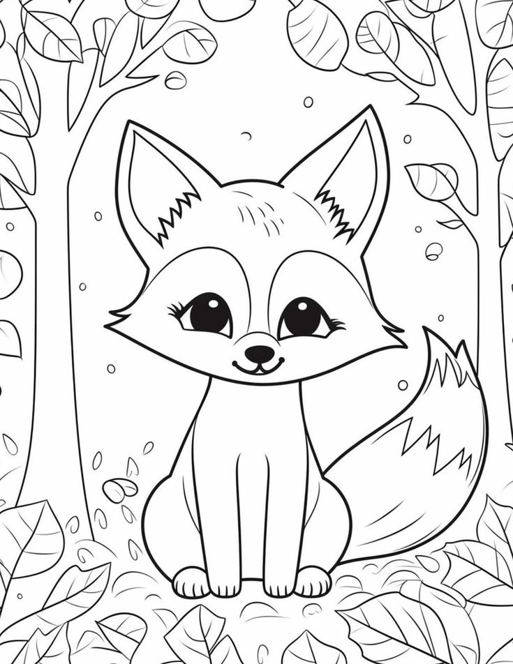 a cute fox sitting in the woods coloring page