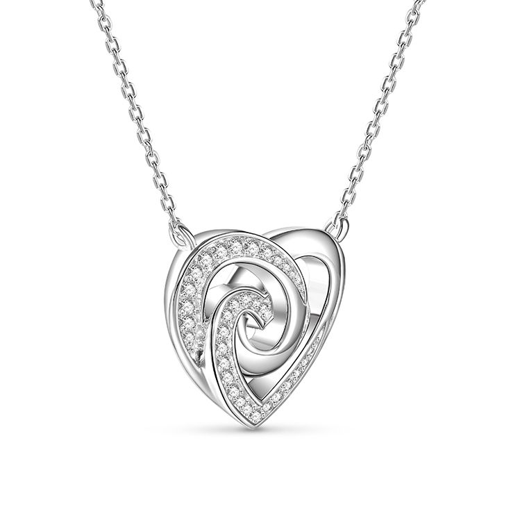 This necklace shimmers with a soft, lustrous glow that complements any ensemble. It is intricately designed with intertwined lines that flow gracefully around its contours. These lines symbolize the inseparable bond of love, a union that is both strong and tender. The pendant hangs from a delicate silver chain that wraps gracefully around the neck, adding a touch of elegance and femininity to the overall design.Carat Weight: 0.457 ctStone Size: 1,1.2,0.8 mmStone Type: Jeulia® StoneNumber of Ston Elegant Silver Double Heart Necklace, Elegant Double Heart Silver Necklace, Elegant Open Heart Necklace With Adjustable Chain, Modern Twist White Gold Necklace For Gift, Elegant Silver Heart Necklace With Adjustable Chain, Silver Spiral Necklace For Anniversary, Elegant Swirl Necklace For Gift, Elegant Swirl Necklace For Gifts, Elegant Silver Spiral Necklace