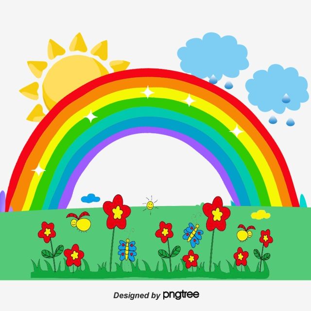 an image of a rainbow in the sky with flowers and butterflies on it's side