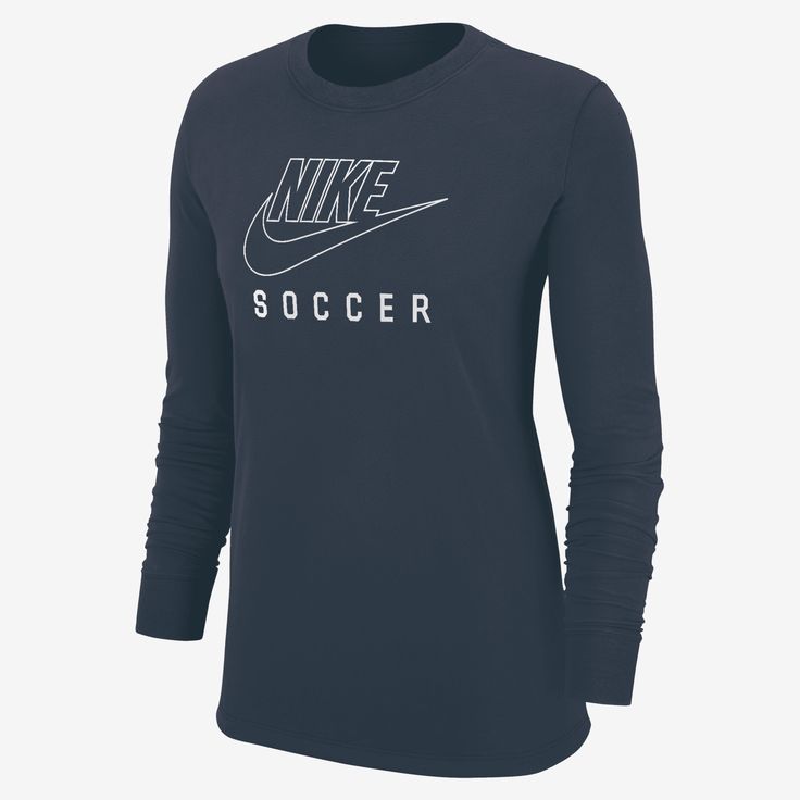 It's your game. Make sure everybody knows it with this classic Nike long-sleeve tee. Soccer Outfit, Women's Soccer, Nike Long Sleeve, Nike Soccer, Womens Soccer, Blue Style, Nike Swoosh, Active Wear For Women, Blue Fashion