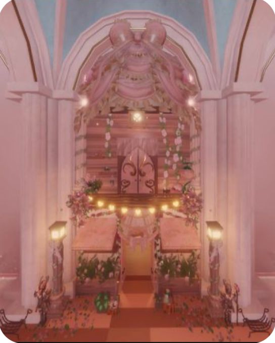 the interior of a church decorated in pink and white