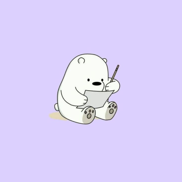 a polar bear sitting on the ground holding a pen and paper