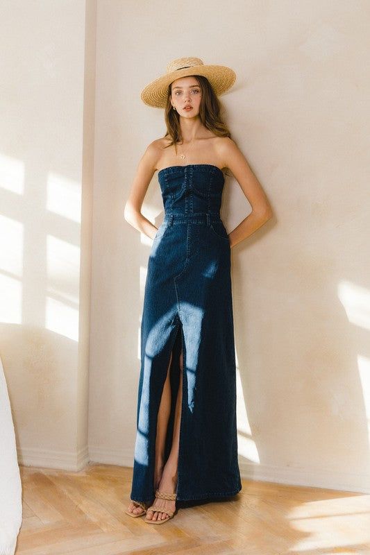 Dark Denim Tube Denim Maxi Dress Blue Spring Dress With Split Hem, Chic Denim Maxi Dress Fitted, Chic Fitted Denim Maxi Dress, Chic Strapless Dark Wash Denim Dress, Fitted Medium Wash Denim Maxi Dress, Fitted Denim Maxi Dress In Medium Wash, Denim Tube Dress, Mens Denim Shorts, Girls Dress Shoes