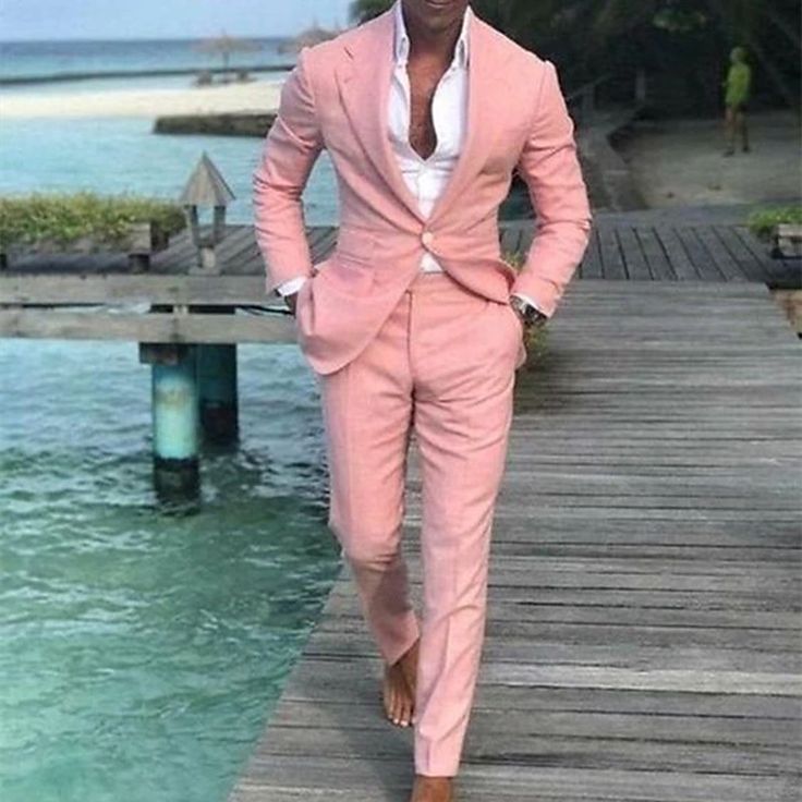 Men's Wedding Linen Suits Pink 2 Piece Solid Colored Summer Suits Tailored Fit Single Breasted One-button 2023 2023 - US $95.99 Pink Suit Men, Men Suits Prom, Linen Suits For Men, Prom For Guys, Prom Suits For Men, Barney Stinson, Wedding Tuxedo, Suit Costume, Suits Prom