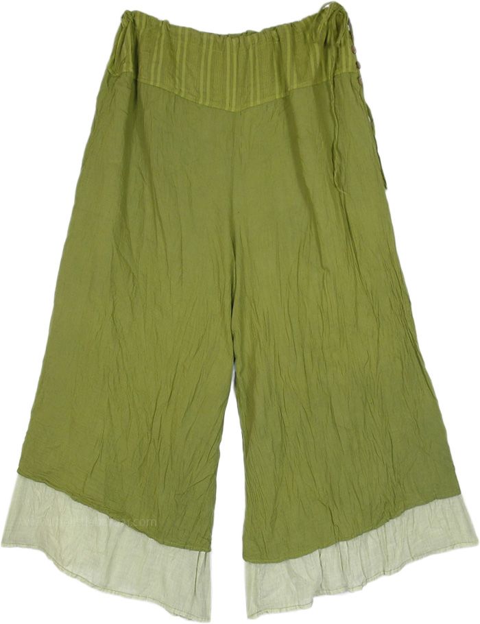 Perfect for resort wear, these double-layer wide-leg cotton linen pants keep cool and make you look chic with crinkled look.  The pants feature a flat front, straight legs that fall from the waist, and a drawstring waistband for a comfortable fit with two layers of fabric, the inner being light green and the outer shell a darker shade of green. #tlb #vacationclothing #beachwrap #Solid #widelegcottonpants #womenscottontrousers #summercottonpantswithwidelegs Vacation Cotton Parachute Pants With Relaxed Fit, Relaxed Fit Cotton Parachute Pants For Vacation, Vacation Relaxed Fit Cotton Parachute Pants, Green Cotton Wide Leg Vacation Pants, Green Cotton Wide Leg Pants For Vacation, Summer Linen Parachute Pants For Loungewear, Spring Vacation Cotton Parachute Pants, Spring Cotton Parachute Pants For Vacation, Cotton Parachute Pants For Spring Vacation